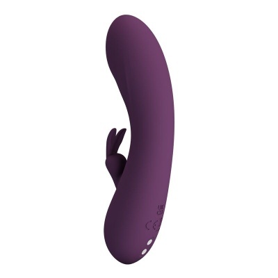 Vibrador roxo em silicone com estimulador de dedo e botões brancos