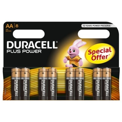 Embalagem de 8 pilhas Duracell Plus Power AA com coelho e texto special offer