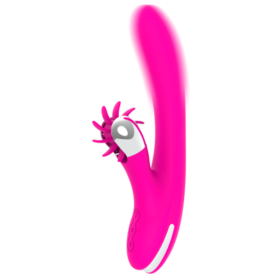 vibrador cor-de-rosa com textura lisa e detalhes em branco