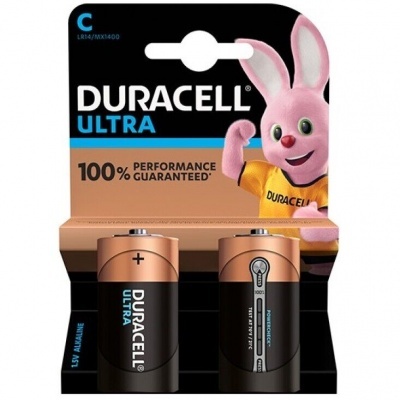 Embalagem com duas pilhas Duracell Ultra tipo C e coelho cor-de-rosa