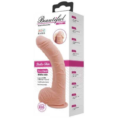 Embalagem com dildo em cor de pele, detalhes texturizados e texto em inglês