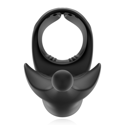 Anel preto de material liso com base decorada em forma de asas e esfera