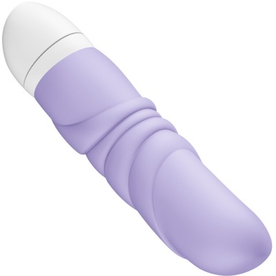 Vibrador lilás com base branca e textura ondulada