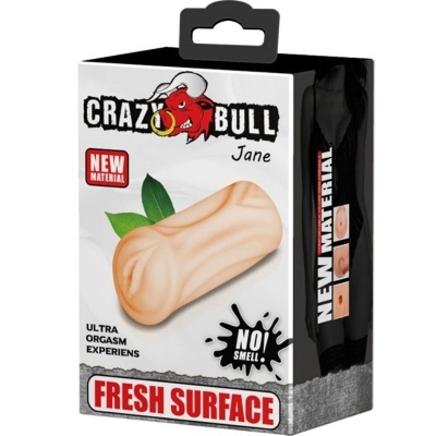 Embalagem do produto Crazy Bull Jane com texto e imagem de material claro