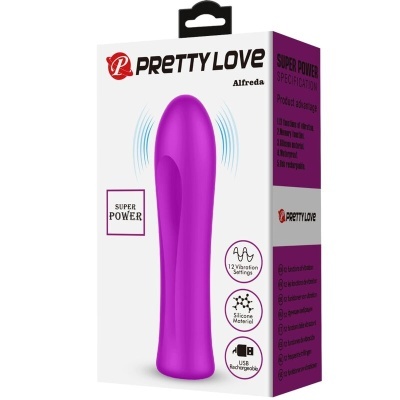 Embalagem de vibrador Pretty Love Alfreda roxo com texto e ícones