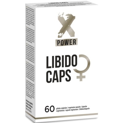 Embalagem branca do suplemento X POWER LIBIDO CAPS com símbolo feminino e indicação de 60 cápsulas vegetarianas