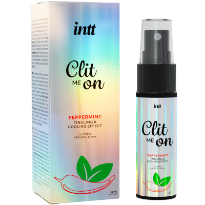 Frasco e embalagem de spray clitoriano intt Clit Me On com efeito de ardor e arrefecimento de hortelã-pimenta
