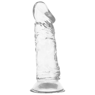 Dildo transparente com base de sucção sobre fundo branco
