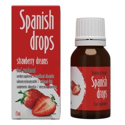Embalagem e frasco do suplemento alimentar Spanish drops sabor Strawberry dreams com imagem de morangos