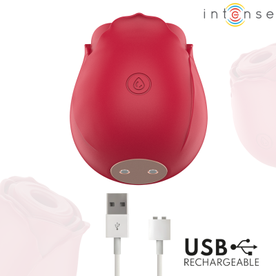 Dispositivo vermelho em forma de rosa com cabo USB e texto USB RECHARGEABLE