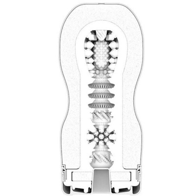 dispositivo cilíndrico branco com texturas internas variadas em corte