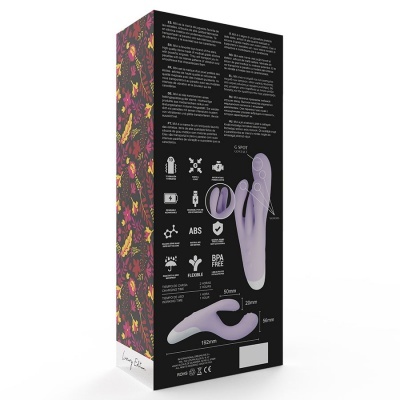 Embalagem preta com padrão floral e imagens de vibrador lilás com especificações e ícones informativos