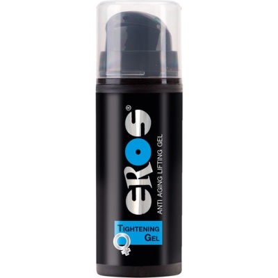 Frasco preto de gel anti-envelhecimento com tampa transparente e rótulo azul e branco