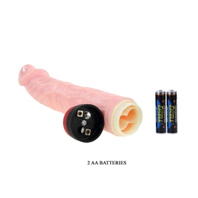 vibrador cor de pele com tampa preta e duas pilhas AA ao lado