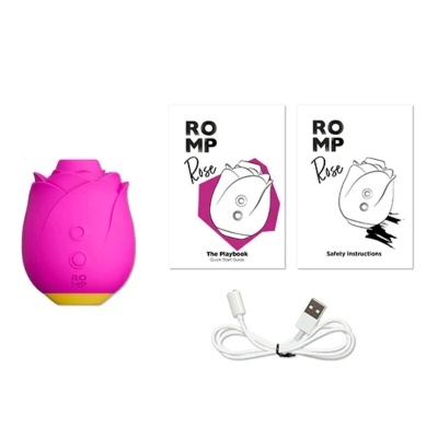Vibrador rosa em forma de rosa, cabo USB e manuais ROMP Rose