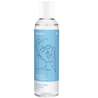 Frasco de lubrificante à base de água Satisfyer com rótulo azul e desenho de rosto