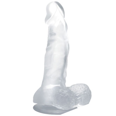 Dildo translúcido com textura e base em formato de testículos