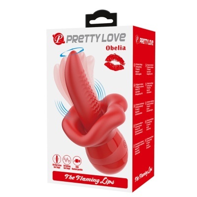 Caixa do produto Pretty Love Obelia com vibrador vermelho e informações de características.