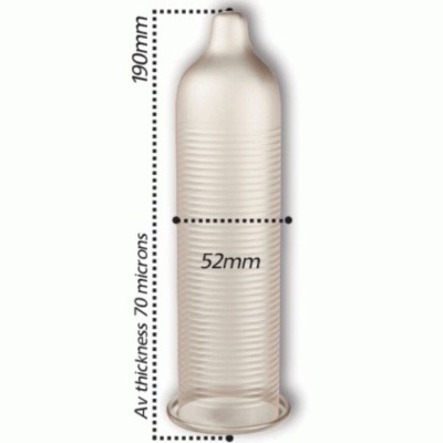 Preservativo transparente com dimensões indicadas em fundo branco