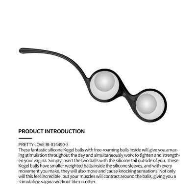 Bolas de Kegel PRETTY LOVE preta com duas bolas cinzentas internas, texto descritivo em inglês em fundo branco