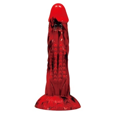 Brinquedo erótico vermelho decorado com manchas negras e textura em relevo.