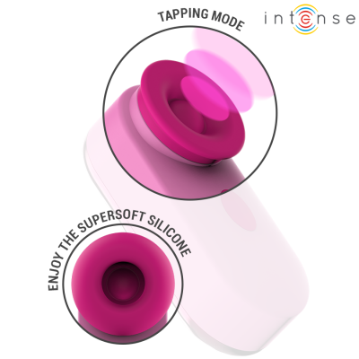 Dispositivo rosa claro com ponteira de silicone fúcsia e textos TAPPING MODE e ENJOY THE SUPERSOFT SILICONE