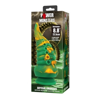 Embalagem do dildo Power Monsters Abyssal Colossus, silicone verde e amarelo, 22,5 cm