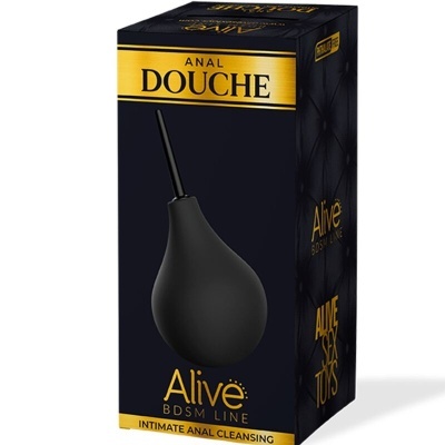 Embalagem preta e dourada do produto Anal Douche Alive BDSM Line com bulbo preto