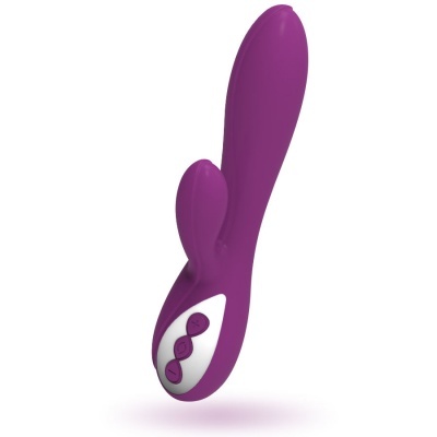 Vibrador roxo em silicone com três botões na base branca