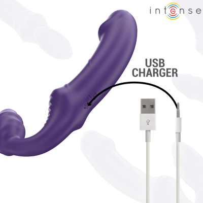 Vibrador roxo com carregador USB, texto USB CHARGER e logótipo Intense