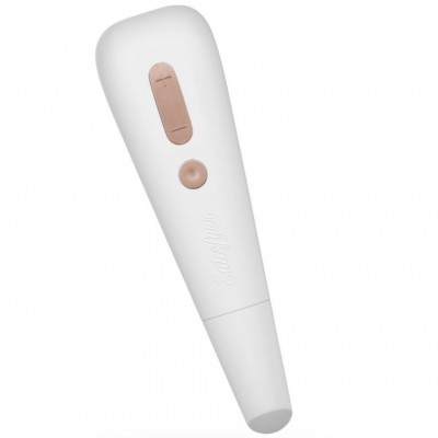 Aparelho branco com botões cor de rosa e marca satisfyer