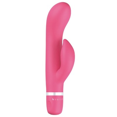 Vibrador cor-de-rosa anatómico com base branca e texto b swish
