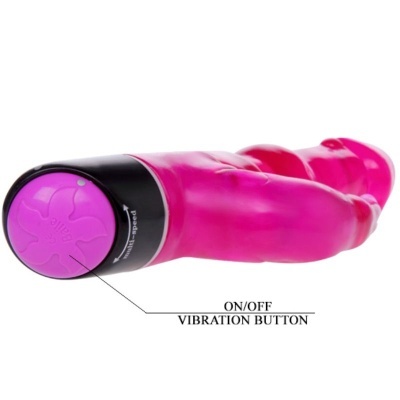 Vibrador rosa com botão roxo de ligar/desligar vibração