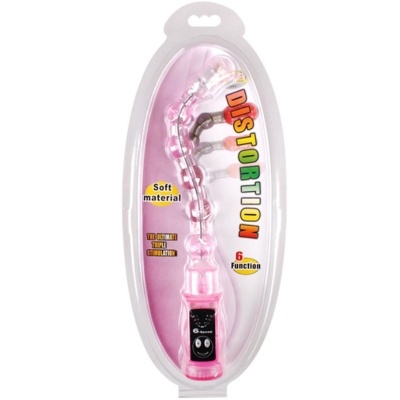 Vibrador rosa transparente com controlador preto em embalagem blister