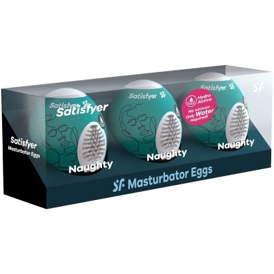 Três ovos masturbadores Satisfyer Naughty em embalagem azul com texto branco e base escura.