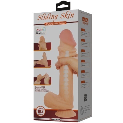 Embalaem de dildo Sliding Skin, cor pele, base ventosa, texto na embalagem