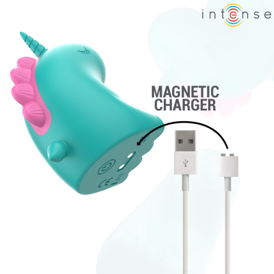 Carregador magnético em forma de unicórnio azul com crina rosa e cabo USB branco