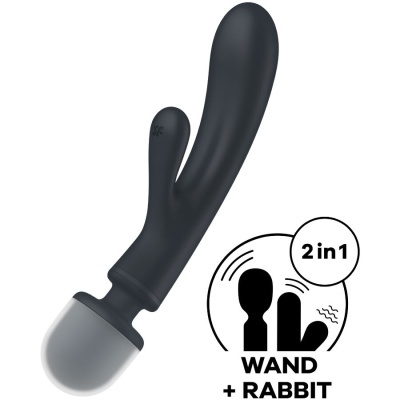 Vibrador preto em silicone com duas pontas, base cinza e indicação 2 em 1 Wand + Rabbit.