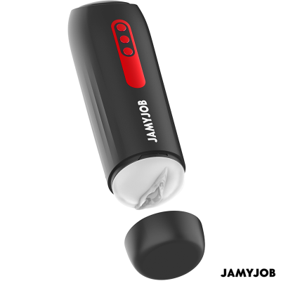 Dispositivo masculino preto e vermelho com tampa removível e logótipos JAMYJOB
