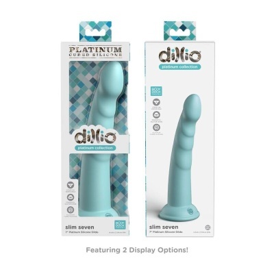 Vibrador azul claro Slim Seven da coleção platinum da Dillio em duas embalagens diferentes.