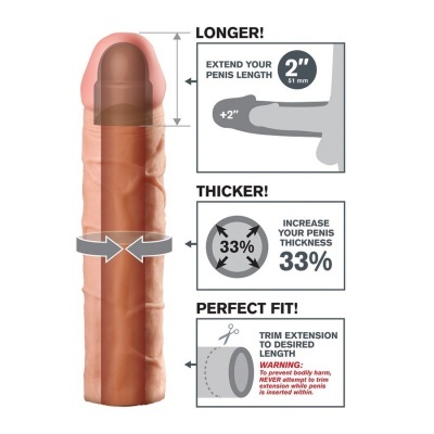 Extensor penile em cor pele com indicações de aumento de tamanho e instruções em inglês