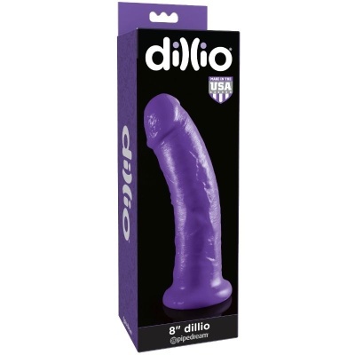 Embalagem de dildo roxo com texto dillio e informações de fabricação