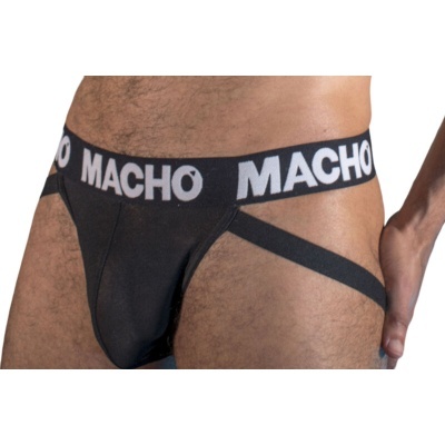 Cueca jockstrap preta com cinta elástica com a palavra MACHO