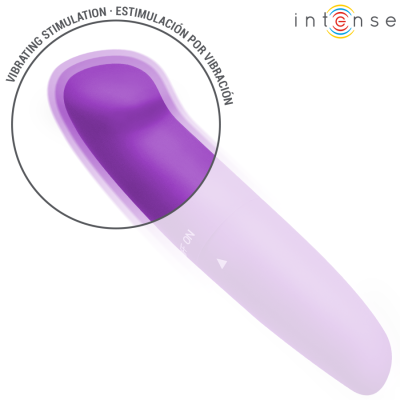 Vibrador roxo com botão ON/OFF e texto sobre estimulação vibratória