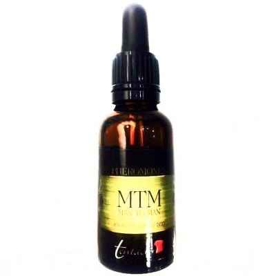 Frasco âmbar com conta-gotas e rótulo amarelo MTM MAN TO MAN