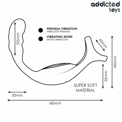 Desenho técnico em preto e branco de brinquedo erótico com medidas indicadas e texto explicativo