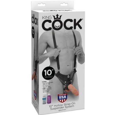 Embalagem de strap-on KING COCK com imagens e texto informativos