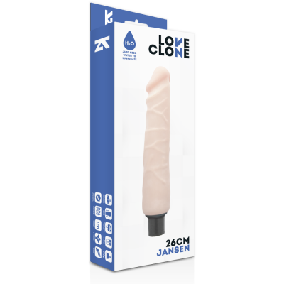 Embalagem de produto Love Clone com dildo realista cor de pele de 26 cm