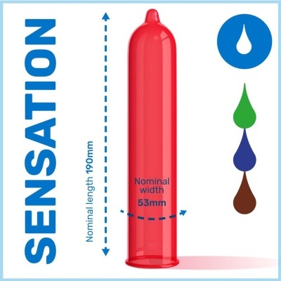 Preservativo vermelho com dimensões nominais e indicações de cores