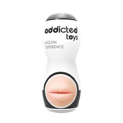 Masturbador cilíndrico branco e preto com boca cor de pele e texto 'addicted toys' e 'MOUTH EXPERIENCE'